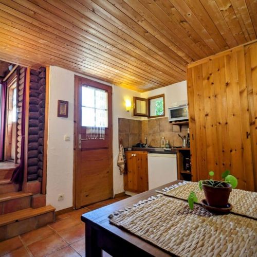 Kitchenette with table, fridge